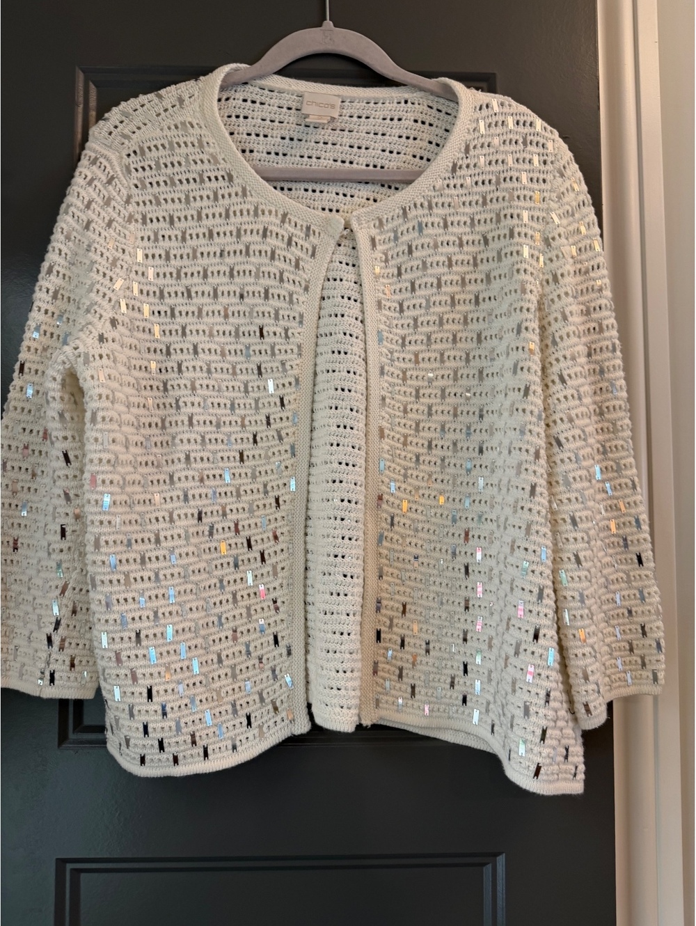 Chico's Women's Size 2 holiday White Crochet Sequin Cardigan